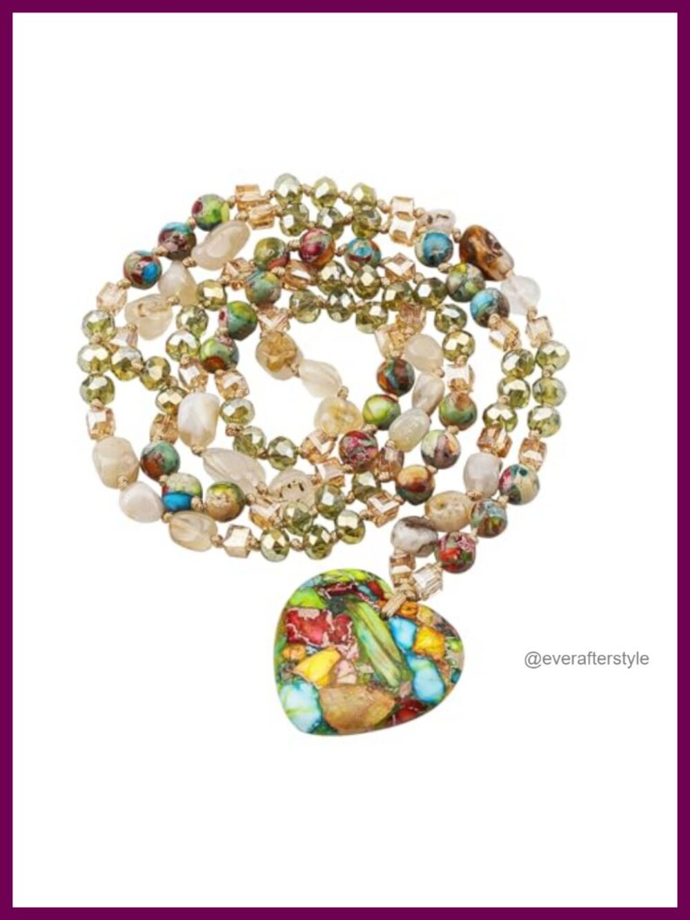 Boho Multicolor Natural Stone Beaded Necklace Heart Jasper Pendant Handmade Long